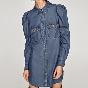 Zara Embellished Denim Shirt Dress